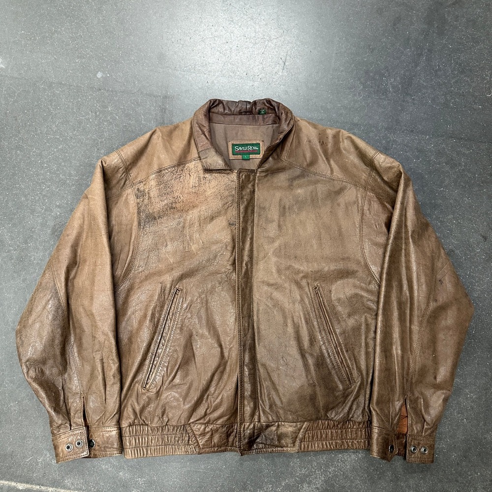 Savile Row Mens Brown Genuine Leather Bomber Jacket Vintage Distressed Large